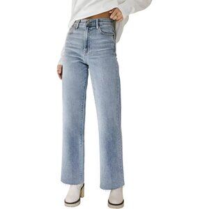 Women’s High Waisted Straight Leg Jeans Cropped Raw Hem Wide Fit